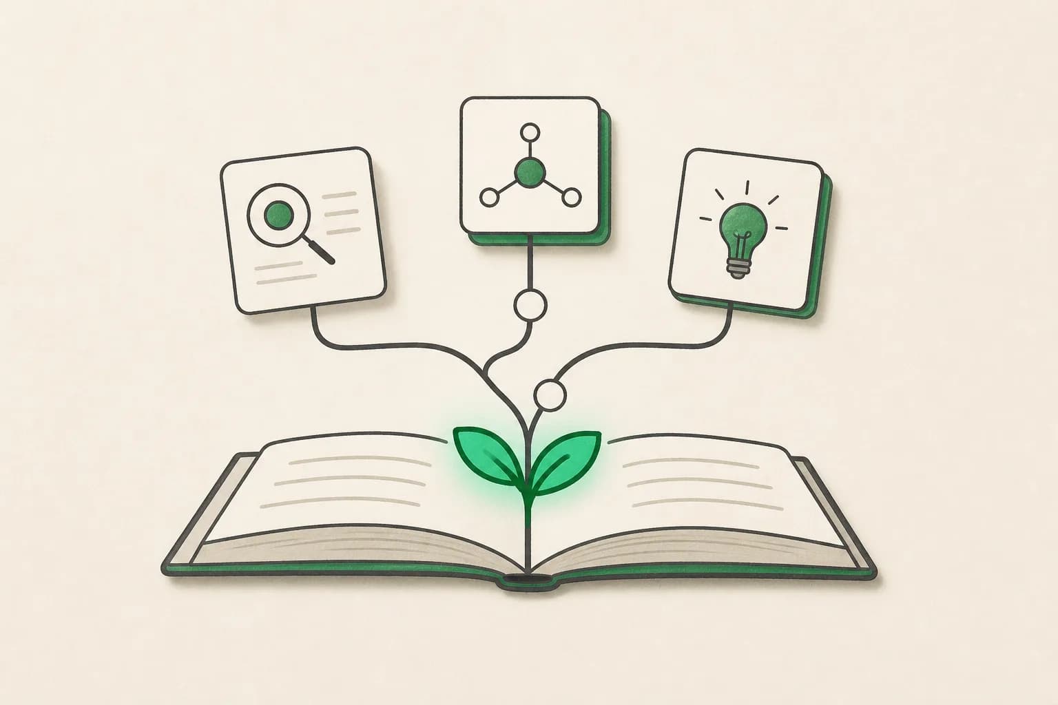 Illustrated notebook growing into connected research and insight cards