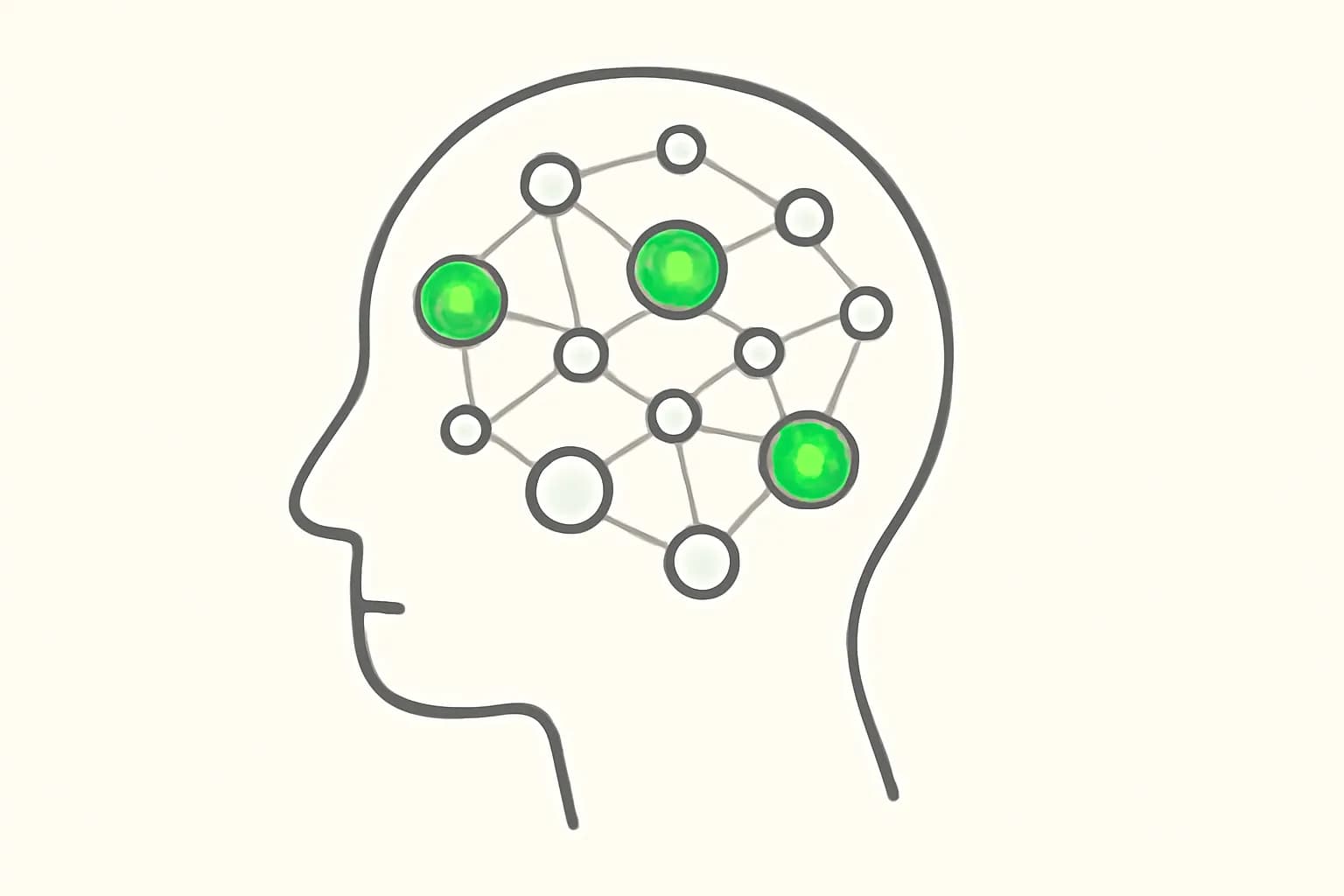 Illustrated abstract mind profile made of keyword nodes and glowing trait connections