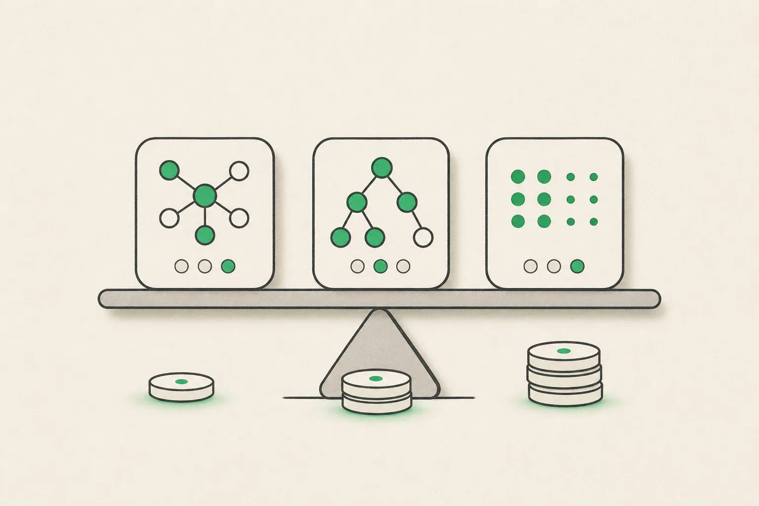 Illustrated AI model cards balanced against token costs