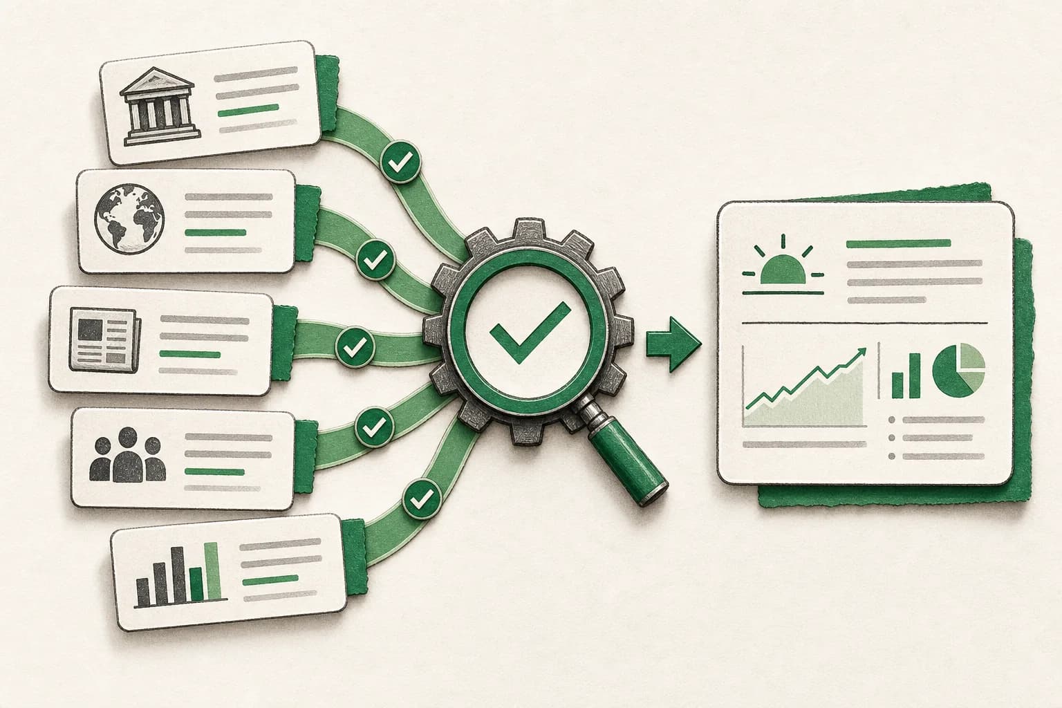 Editorial illustration of an AI agent preparing a daily financial briefing