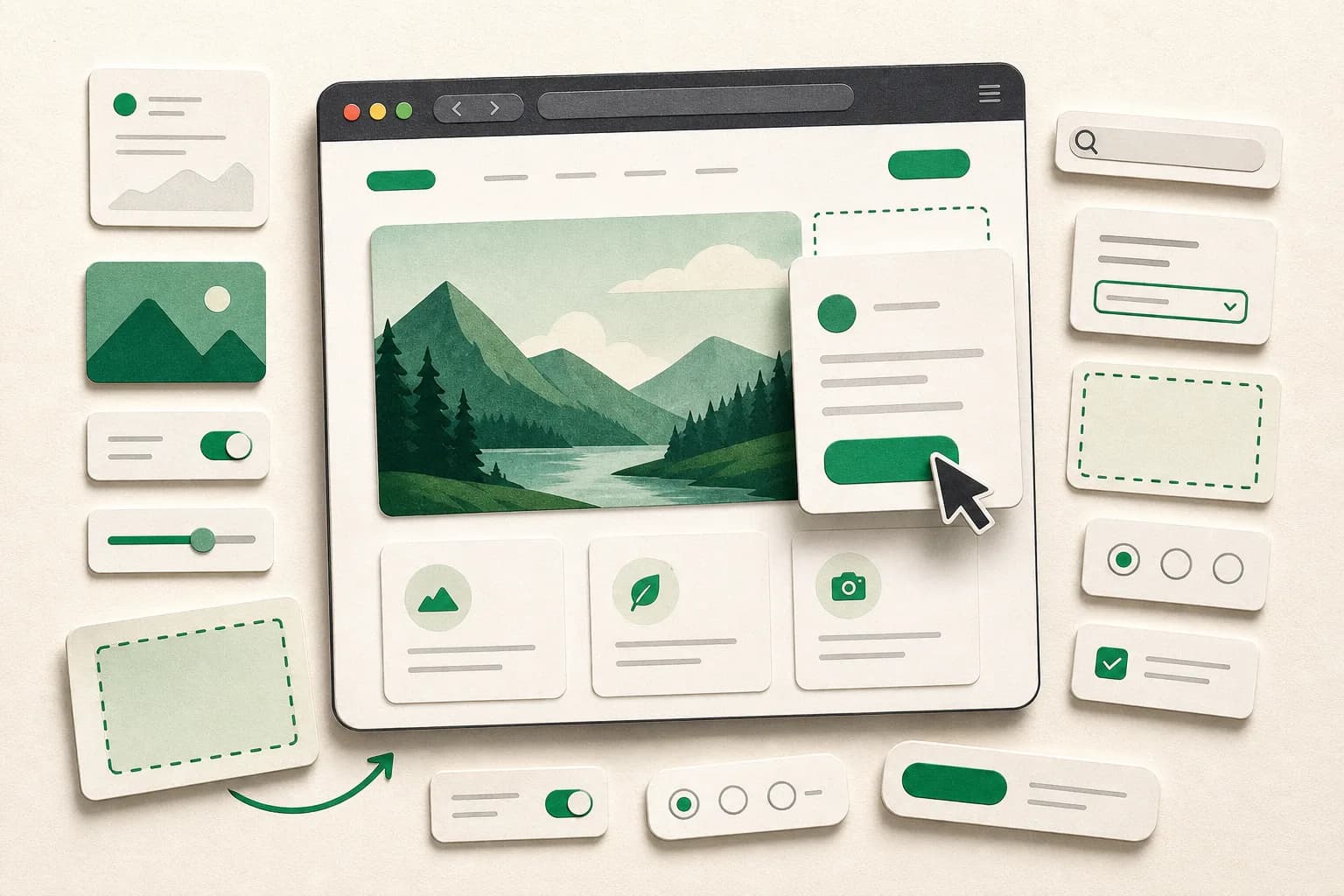 Editorial illustration of a product idea becoming an interactive browser prototype