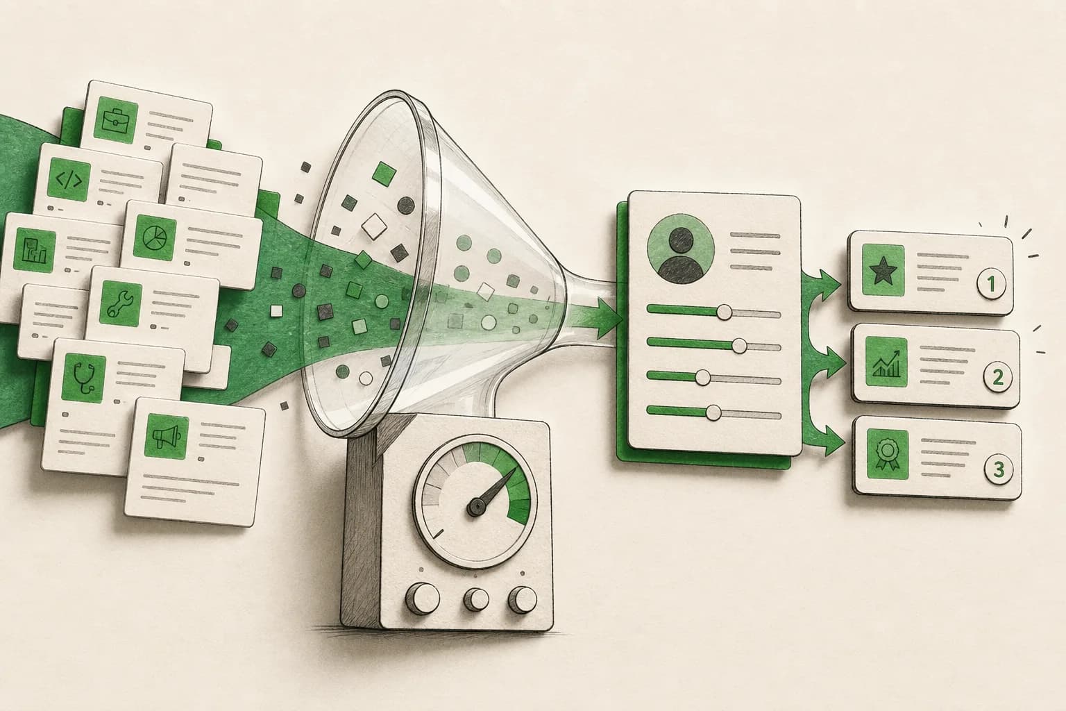 Editorial illustration of an AI agent ranking job opportunities