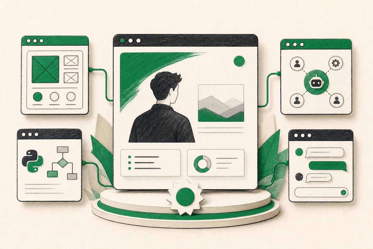 Editorial illustration of a personal portfolio presenting several completed projects