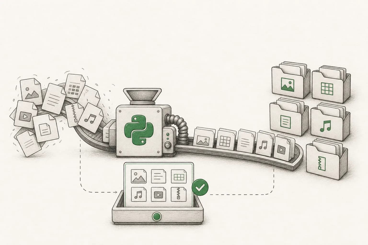 Editorial illustration of files being organized by a Python automation workflow