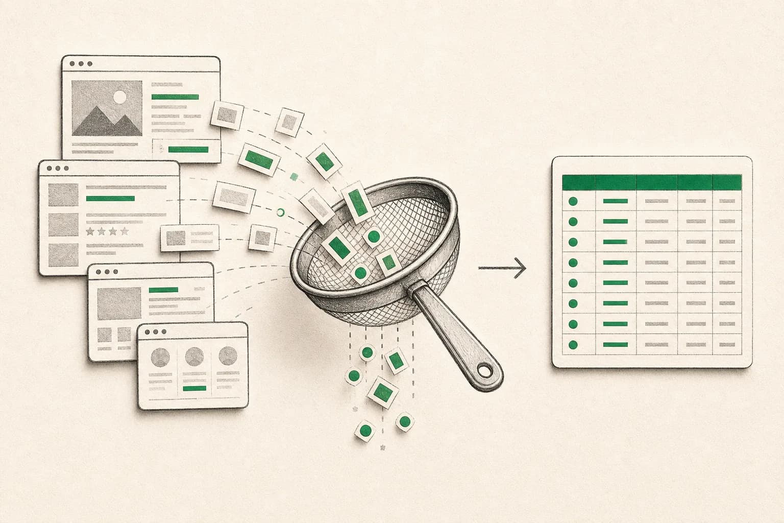 Editorial illustration of public web information becoming a clean structured dataset