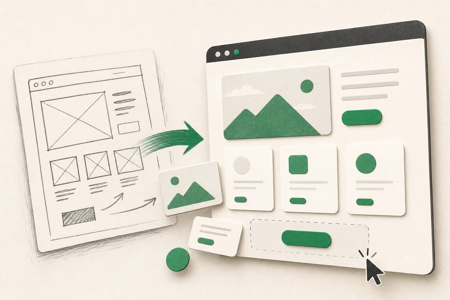 Editorial illustration of a sketched wireframe becoming a working digital product