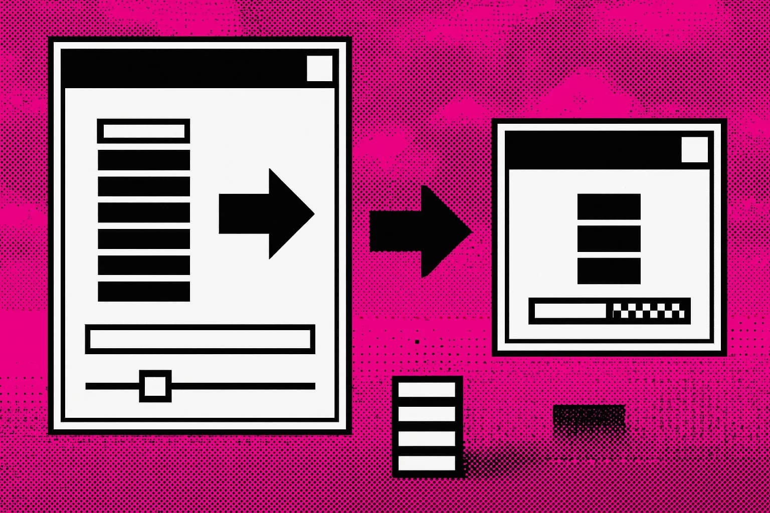 Retro desktop window compressing a long stack of context blocks into a shorter kept set