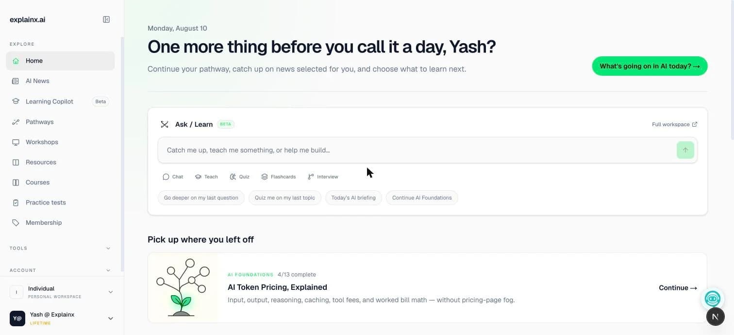 explainx.ai personalized dashboard — pick up where you left off, daily picks, and progress