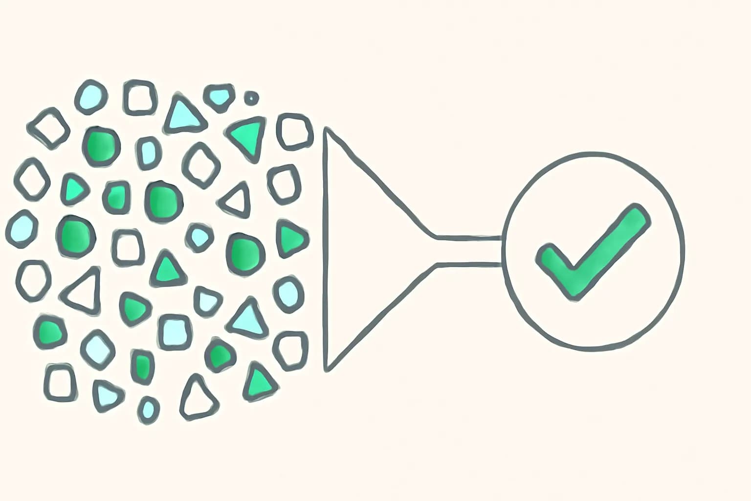 Illustration of a wide horizontal band of varied shapes flowing into a single focal point, representing long-context multimodal work with Gemini