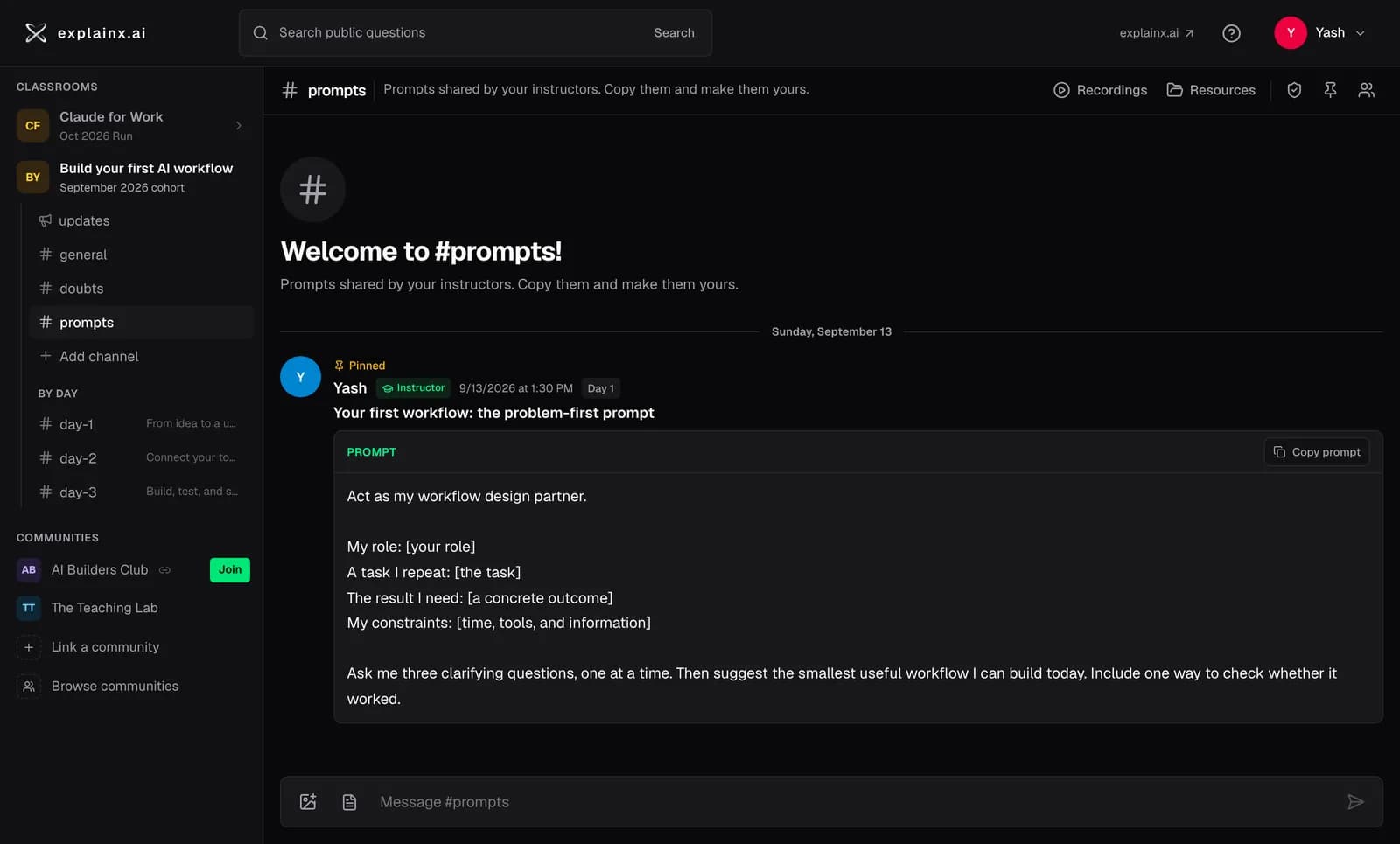 A class prompt posted by the instructor, with a Copy prompt button