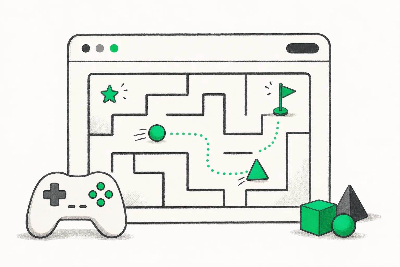 Editorial illustration of a playful maze game built with Claude Artifacts inside a browser window
