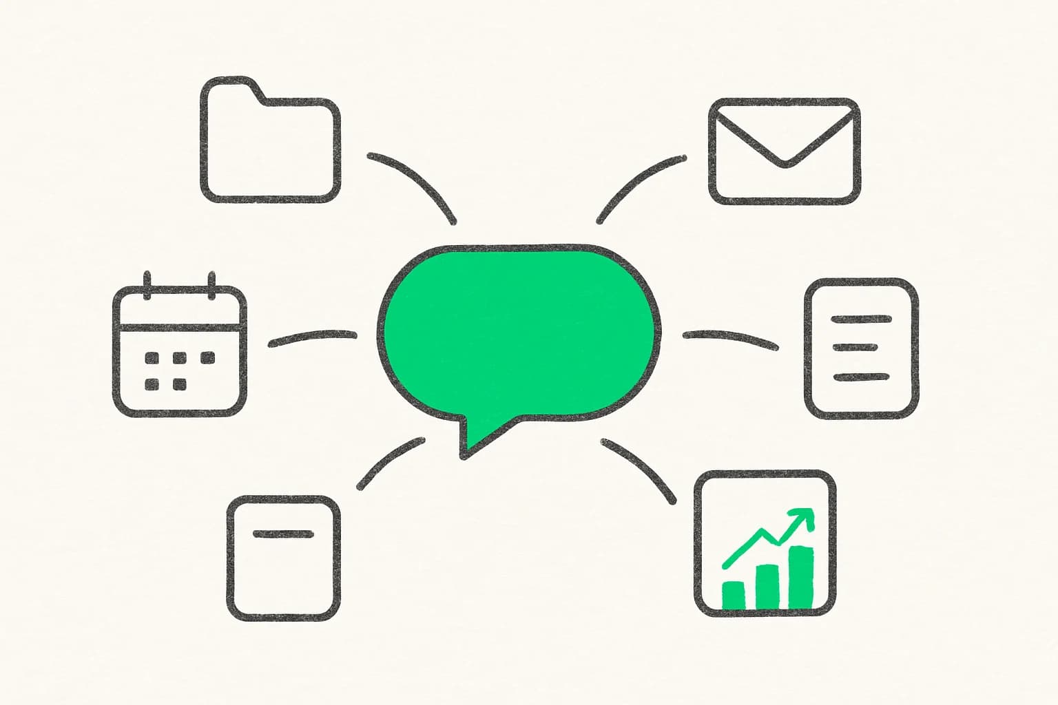 Editorial illustration of Claude connecting to multiple everyday app icons