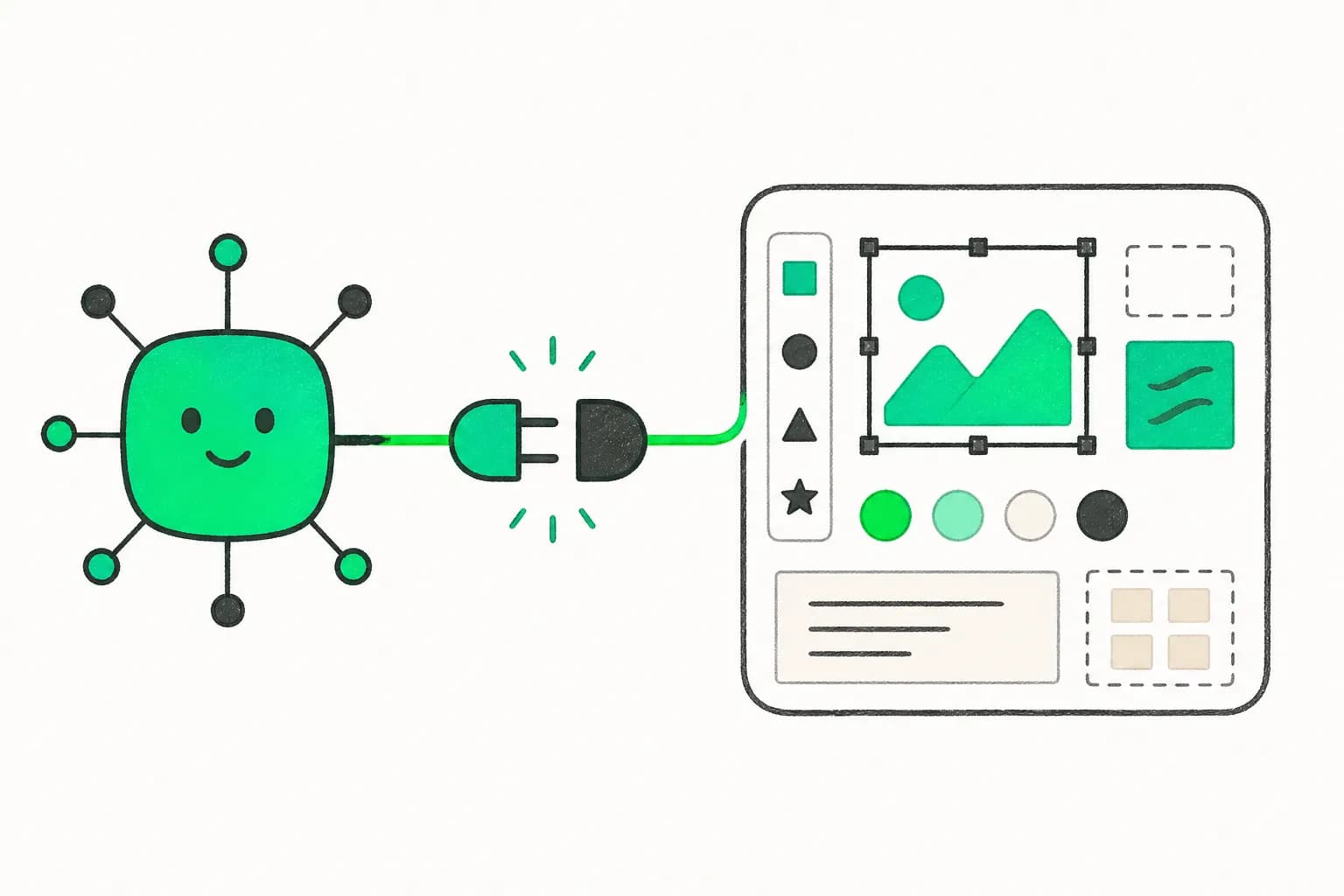 Editorial illustration of an AI node connecting to a design canvas