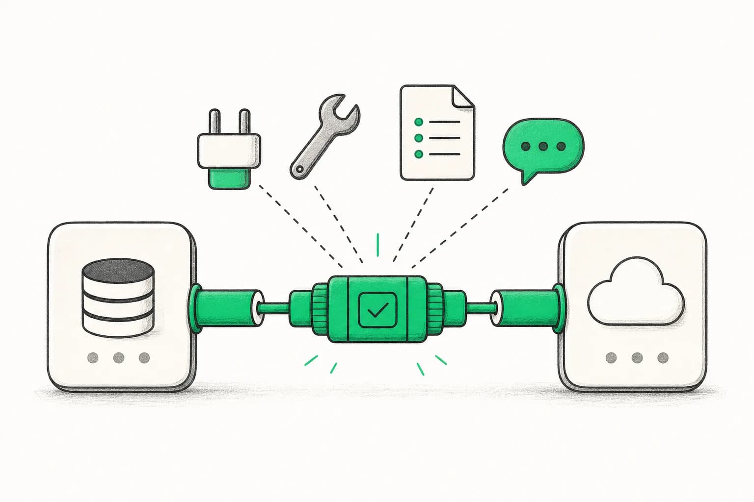 Editorial illustration of a custom connector linking two systems