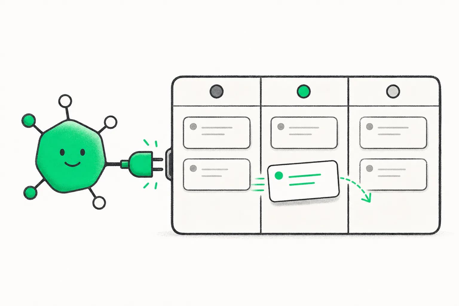 Editorial illustration of an AI node connecting to a task board