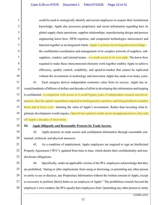 Apple complaint — free-ride allegation and IPA employee agreements