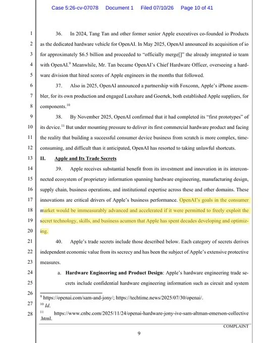 Apple complaint excerpts — io Products, Tang Tan Chief Hardware Officer, trade secrets section