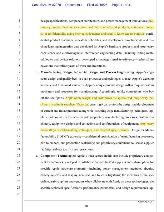 Apple complaint — hardware, manufacturing, AI/ML integration trade secrets