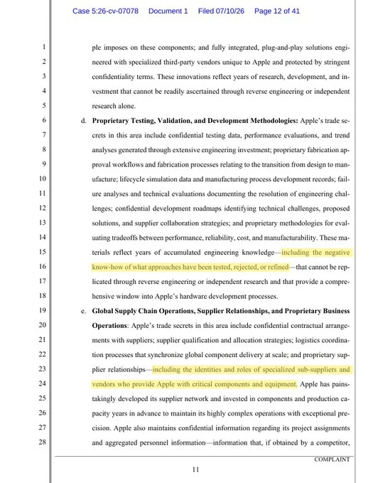 Apple complaint — testing methodologies, negative know-how, supply chain secrets