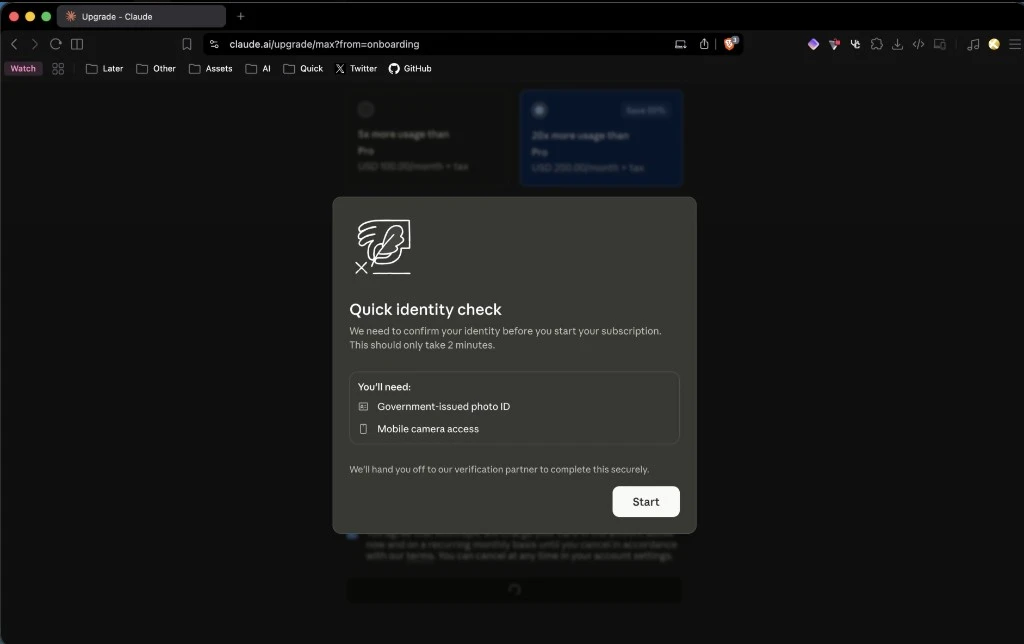 Claude Max upgrade Quick identity check modal — government photo ID and mobile camera required before subscription starts