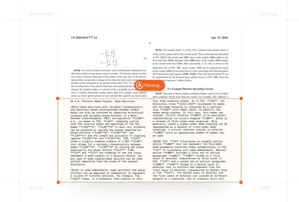 Firecrawl pdf-inspector turning a dense patent PDF into structured Markdown while a Parsing bar advances