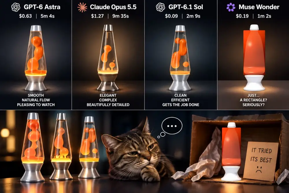 Side-by-side lava lamp outputs from GPT-6 Astra ($0.63, 5m 4s), Claude Opus 5.5 ($1.27, 9m 35s), GPT-6.1 Sol ($0.09, 2m 9s) and Muse Wonder ($0.19, 1m 2s), where Wonder produced a flat orange rectangle