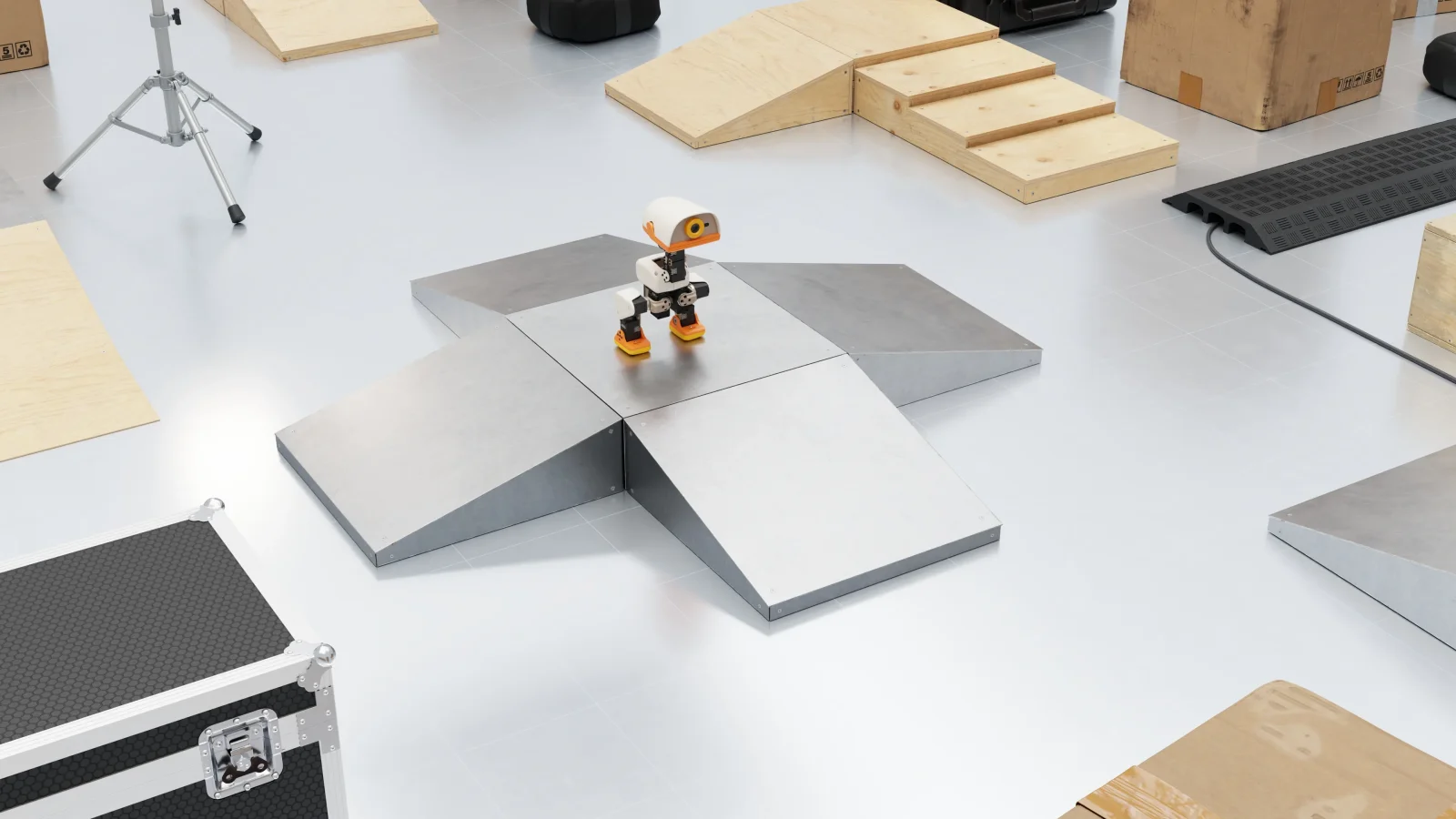 Microduck robot in an Isaac Sim obstacle course built with agent-generated assets