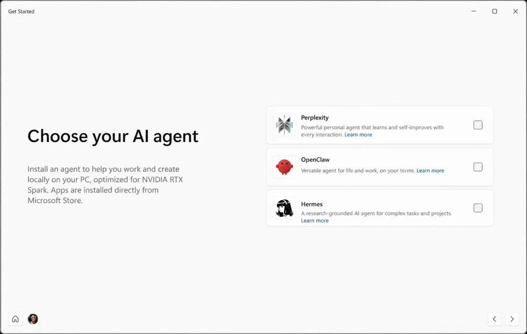 RTX Spark Getting Started screen where users pick a local AI agent app on first boot