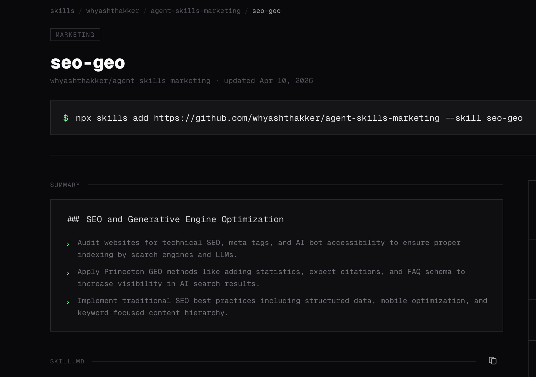 The seo-geo agent skill: SEO plus GEO for Google, Bing, and AI answer engines
