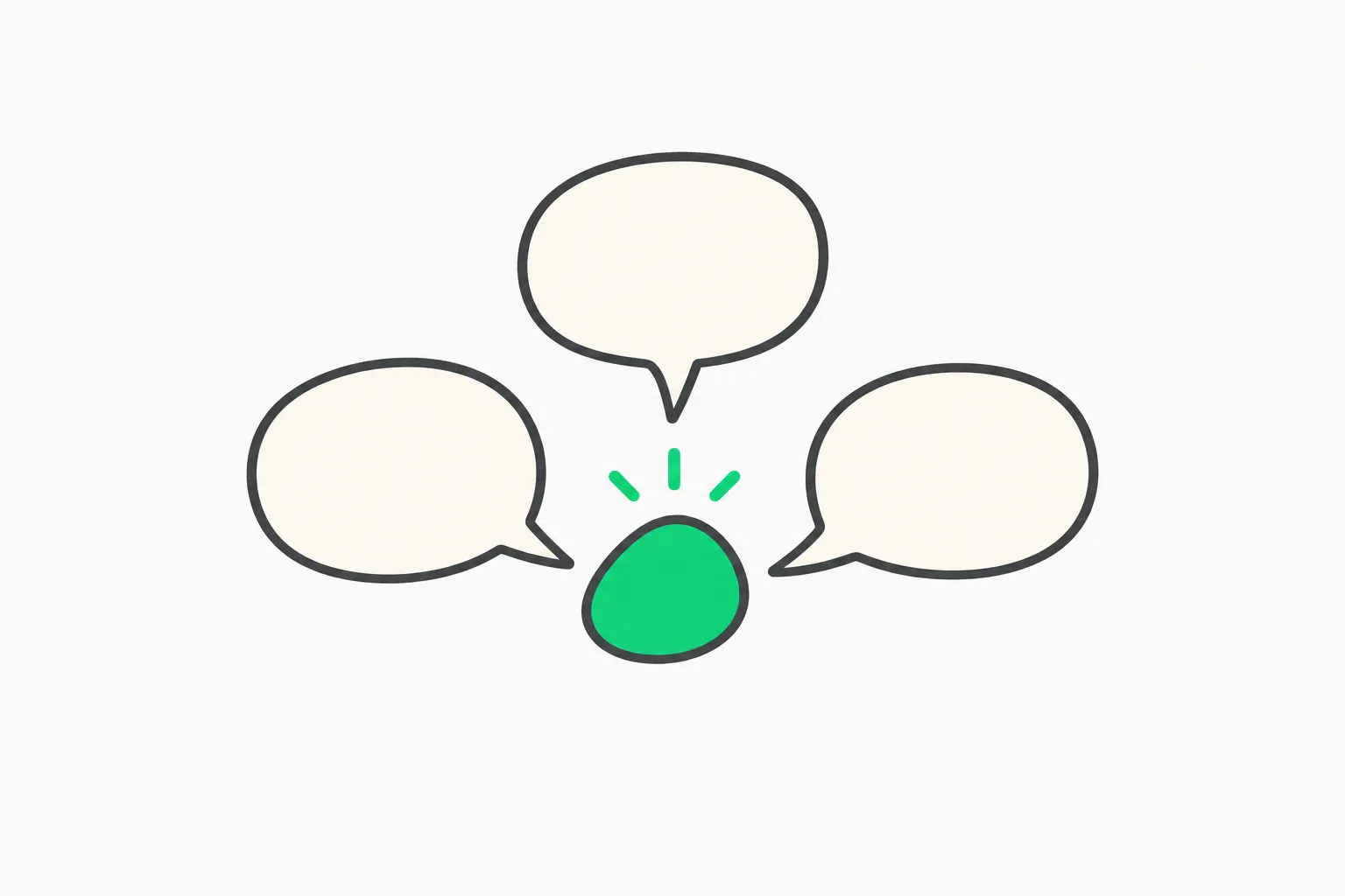 Three empty speech bubbles converging on a single green pebble, illustrating the debate between mathematicians and an AI lab