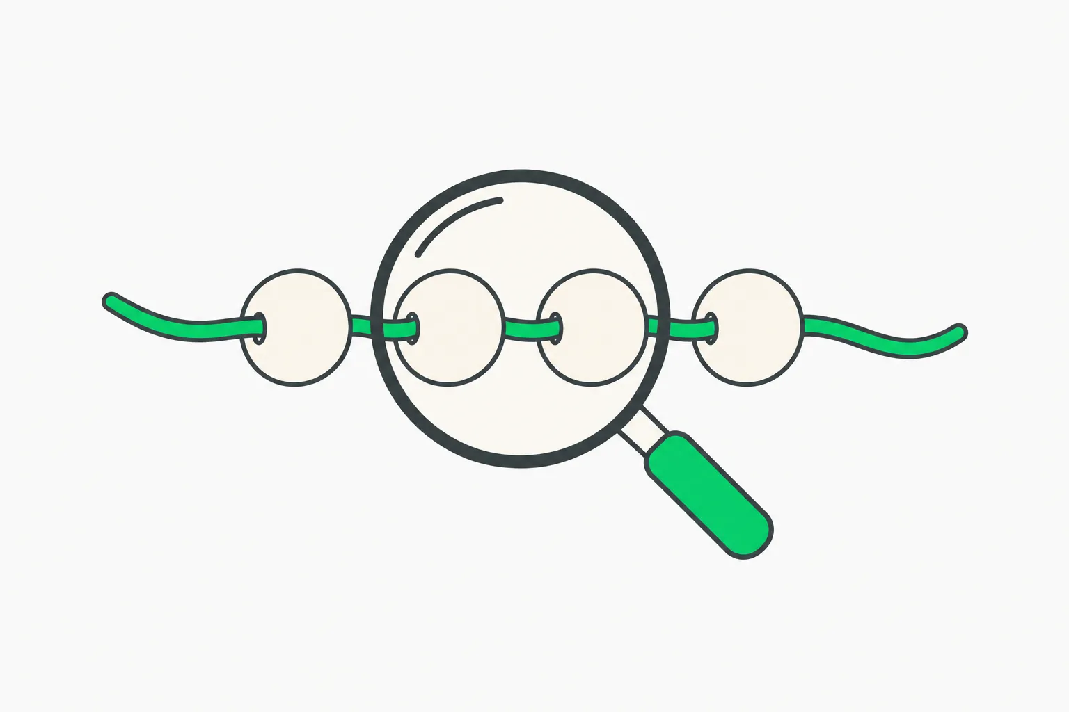 A thread following beads under a magnifying lens, illustrating a trace of blocked and allowed agent tool calls in a Composio Firewall test