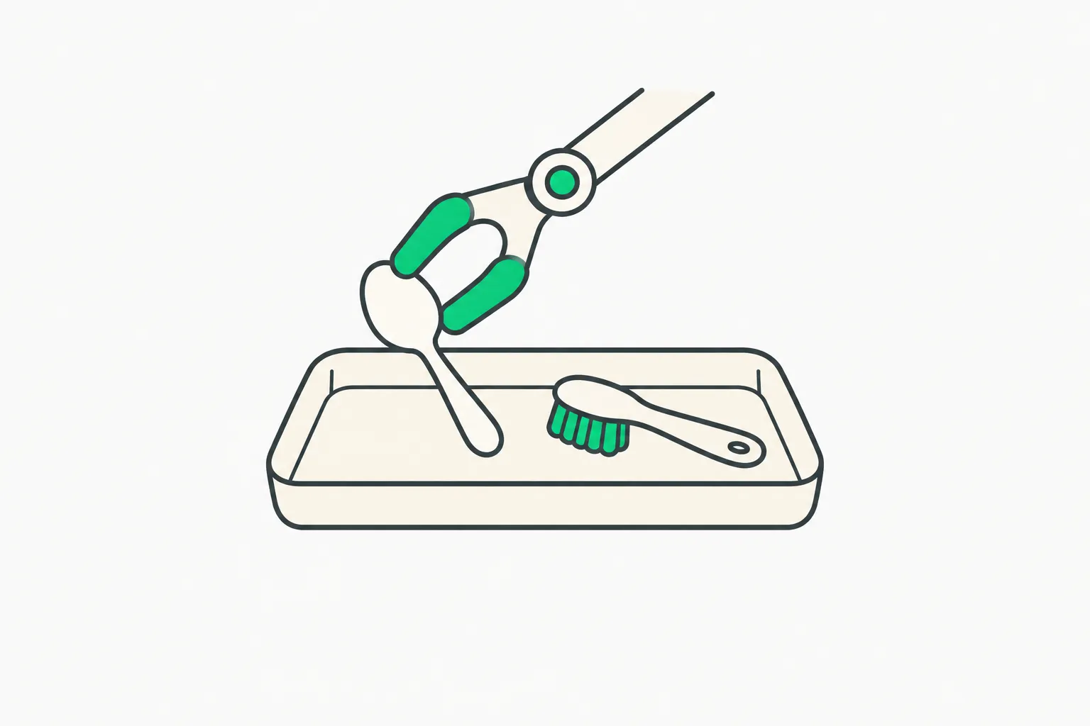 A green robotic gripper choosing one of two items from a tray, an illustration of a decision model picking one option from a short list