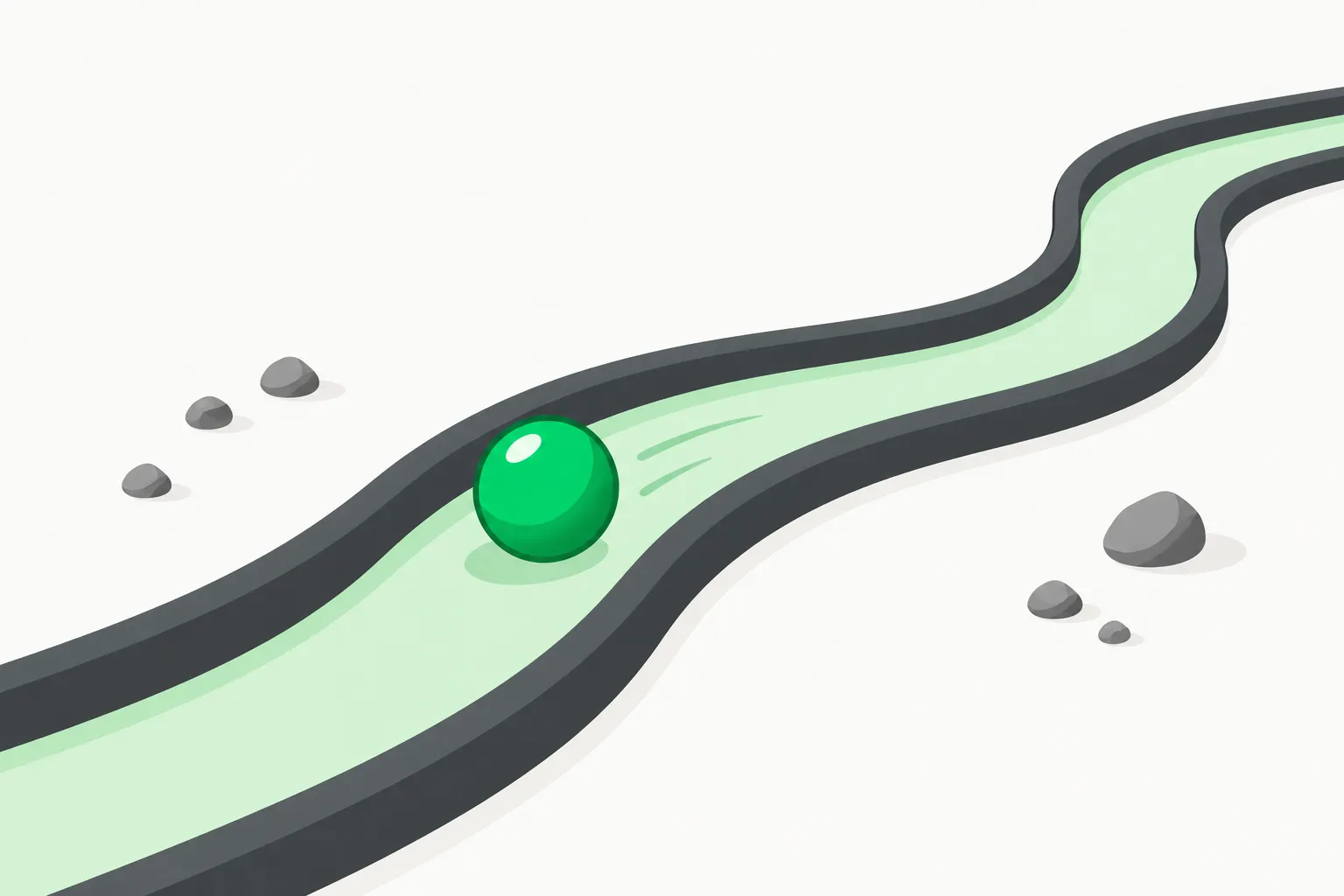 Illustration of a green ball kept on course by raised track edges, representing safety guardrails on AI chat conversations