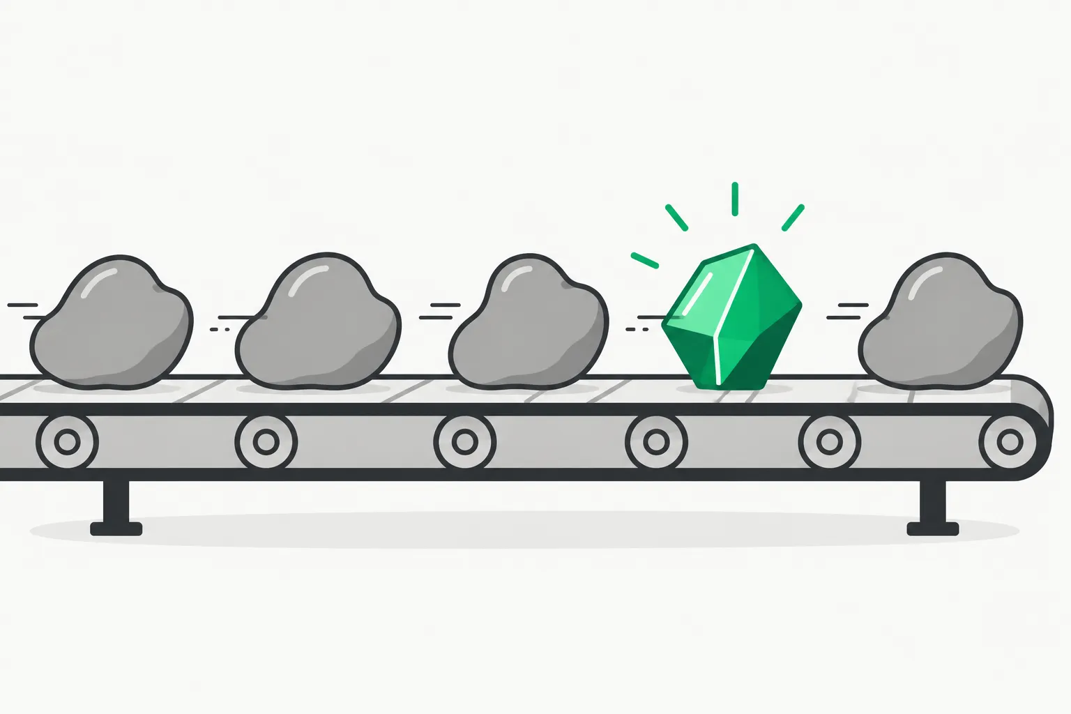 Identical gray blobs on a belt beside one green gem, picturing AI slop in an Instagram feed