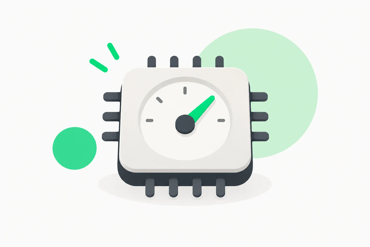 A rounded chip with a dial and green needle, picturing efficiency tuning in an AI inference chip startup acquisition