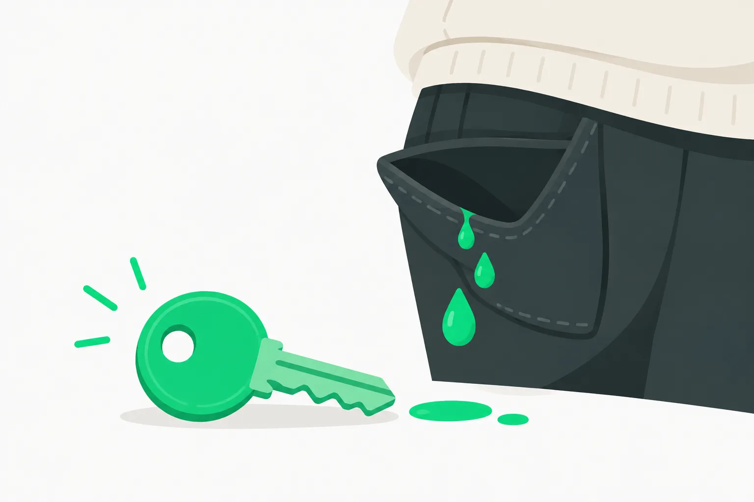 A key beside an open pocket with drops, representing revoking an API key after a local AI agent task