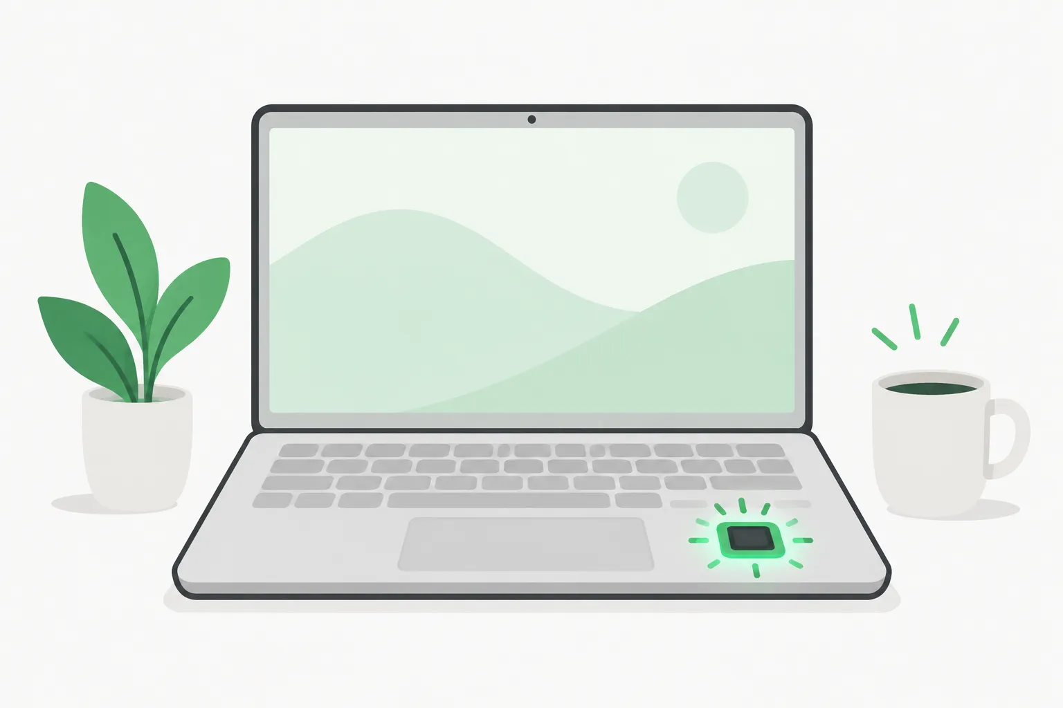 Laptop outline with a small green chip representing Apple Silicon running local model inference