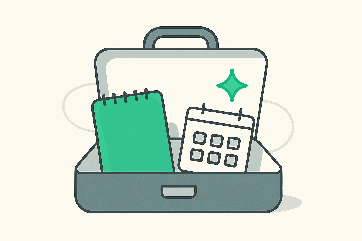 An open briefcase with a notebook and sparkle, picturing Proton staff facing AI-use expectations at work