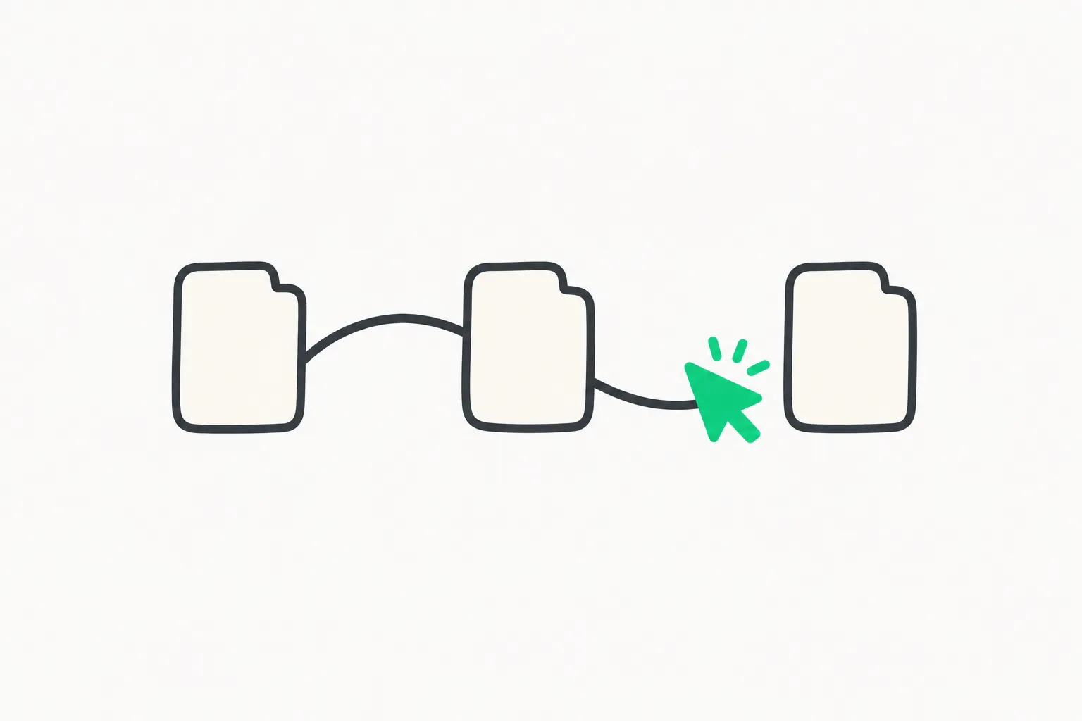 Three blank browser tab outlines with a green cursor path, standing for a browser agent working across sites