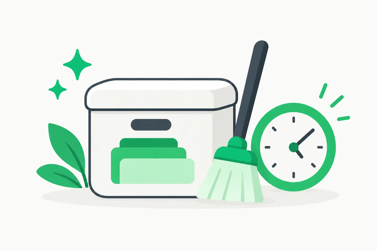 A broom sweeping a cache clock, illustrating how MemT-1.0 clears plaintext history once it is stored in latent memory