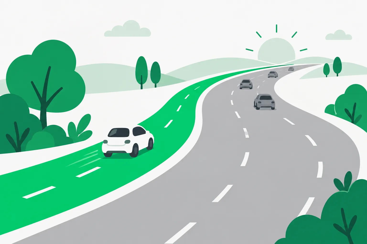 A short fast lane beside a long road, standing for a one-pass model skipping slow token generation