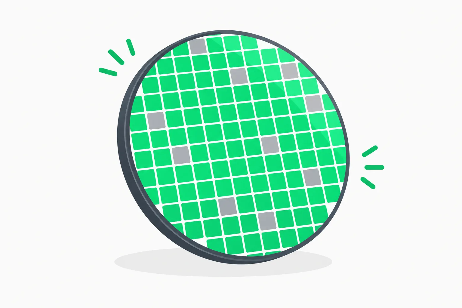 A wafer with most squares green and a few gray, a visual shorthand for fab yield, the skill TSMC would bring to a new US fab