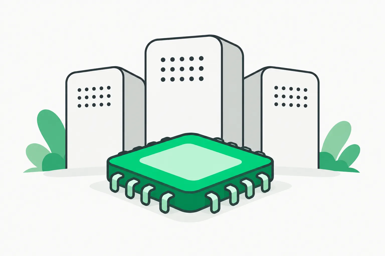 Illustration of chips and data center racks representing compute pledged to federal science programs