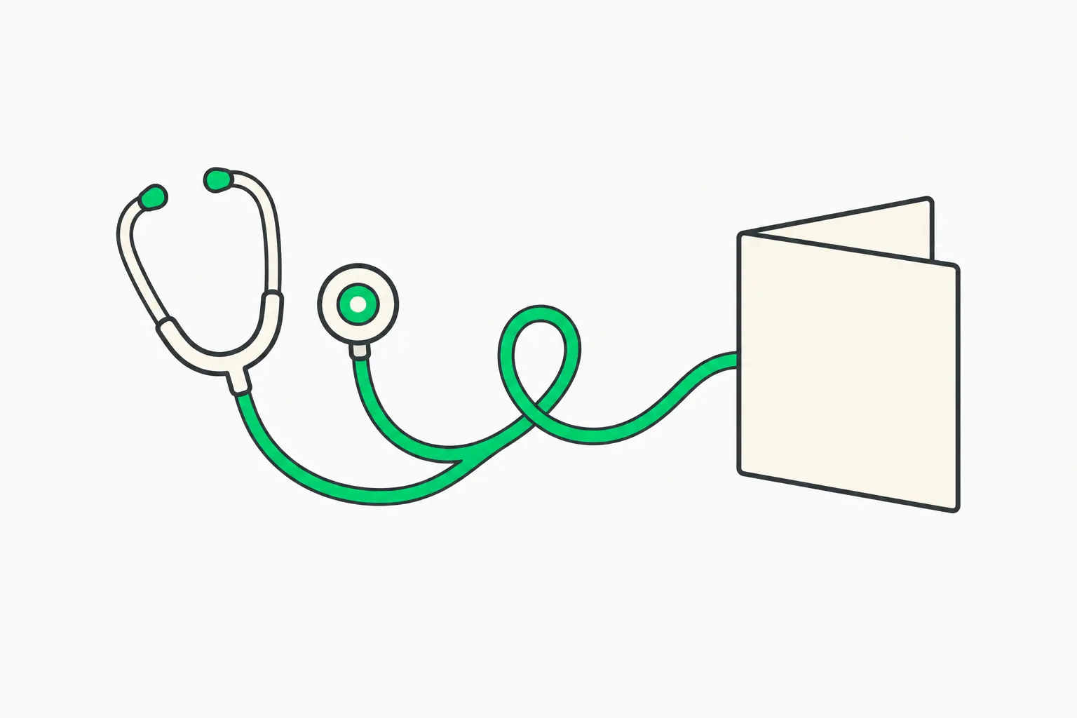 Stethoscope tied by a thread to a booklet, standing for Sakana Namazu answering physician questions with cited literature