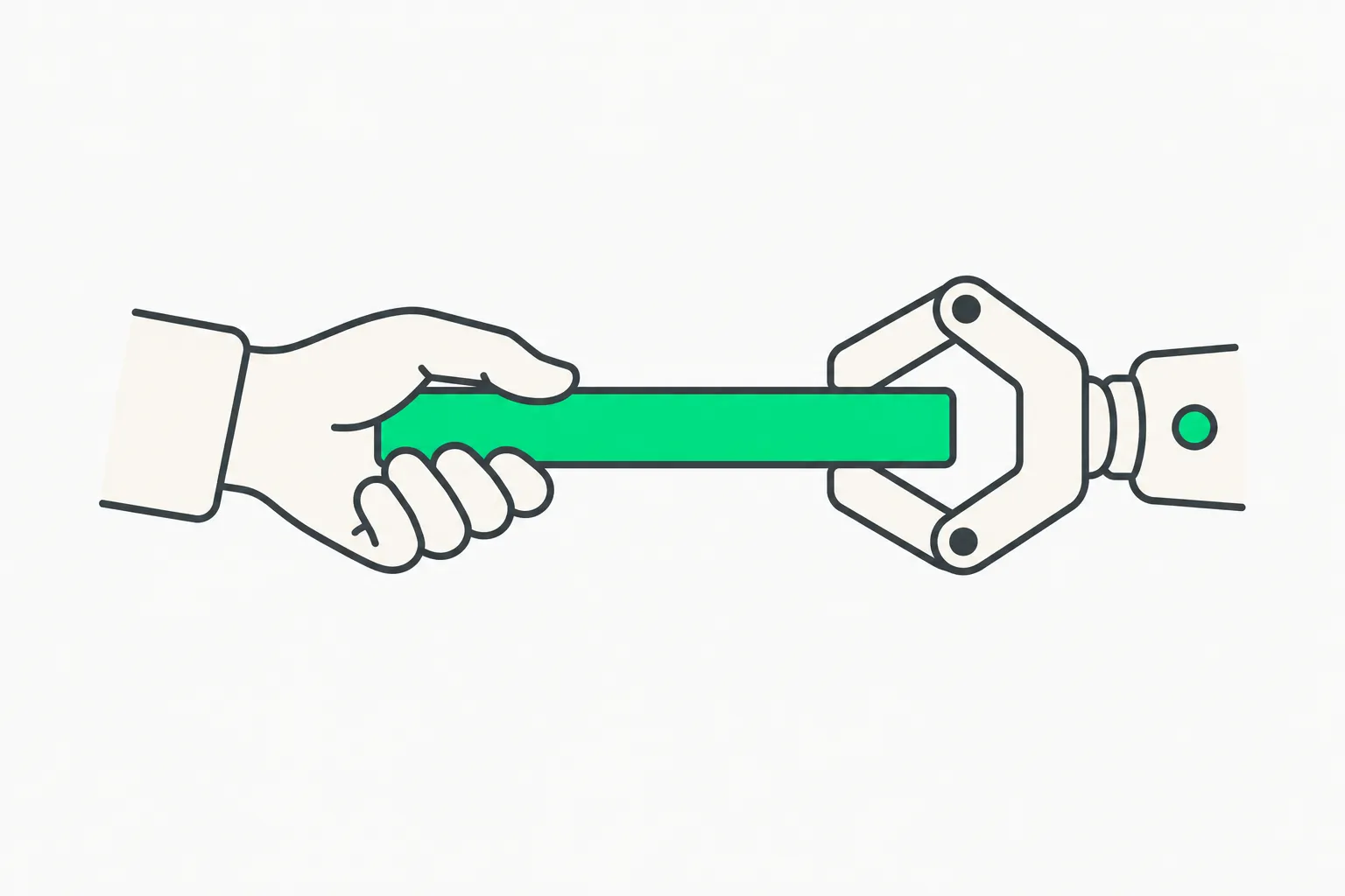 A person and a mechanical gripper jointly holding a beam, showing human and AI pairing