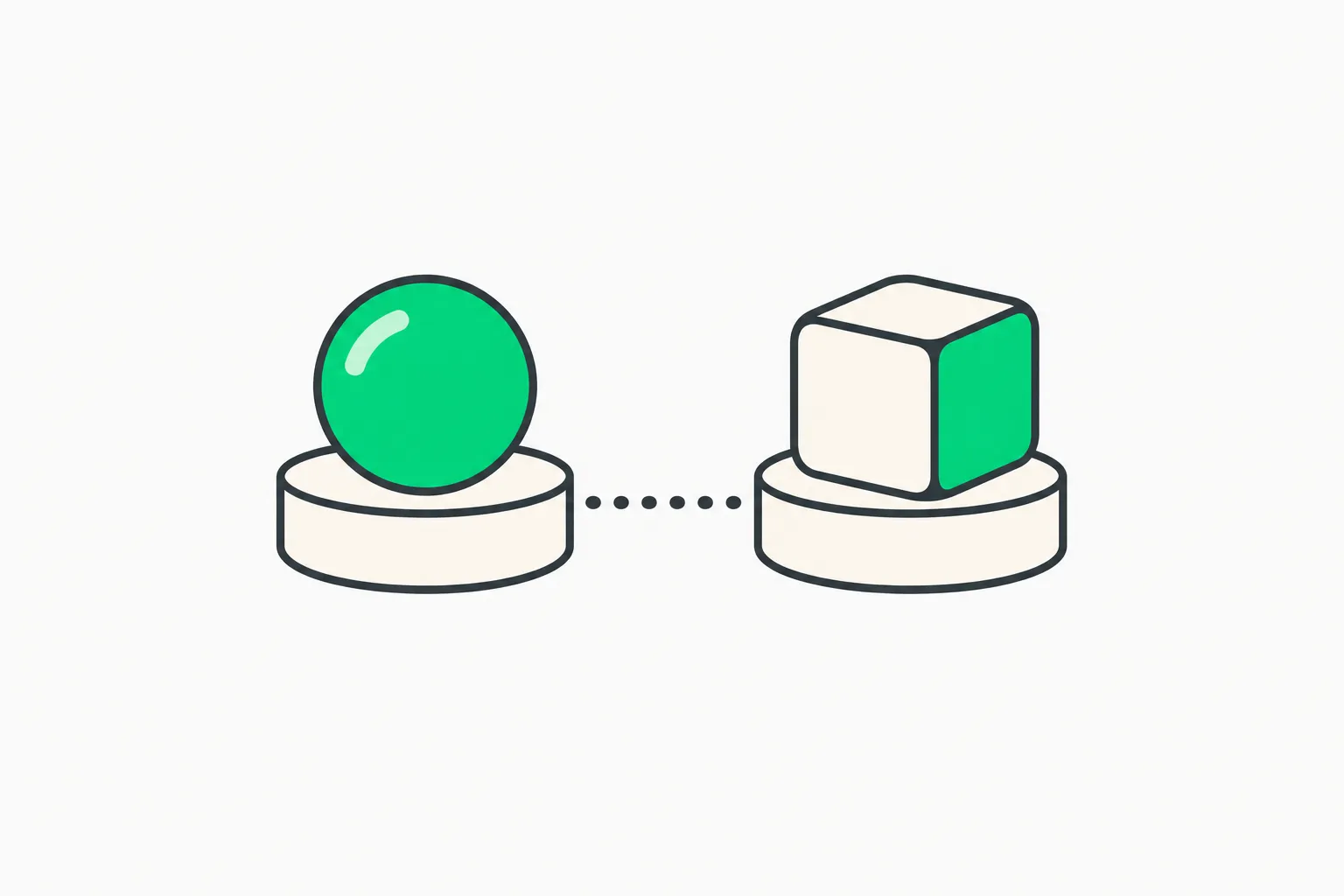 Two options on matching plinths joined by a dotted line, showing how a decision model scores fixed choices against each other