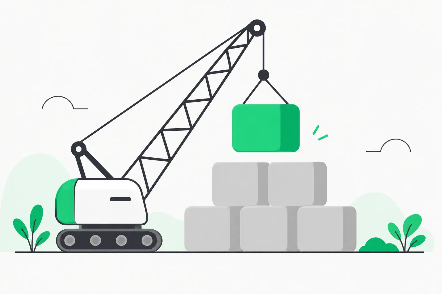 Crane lifting a block onto a stack, a picture of construction sequencing in Skyfall SKY-001 BIM floor plan generation