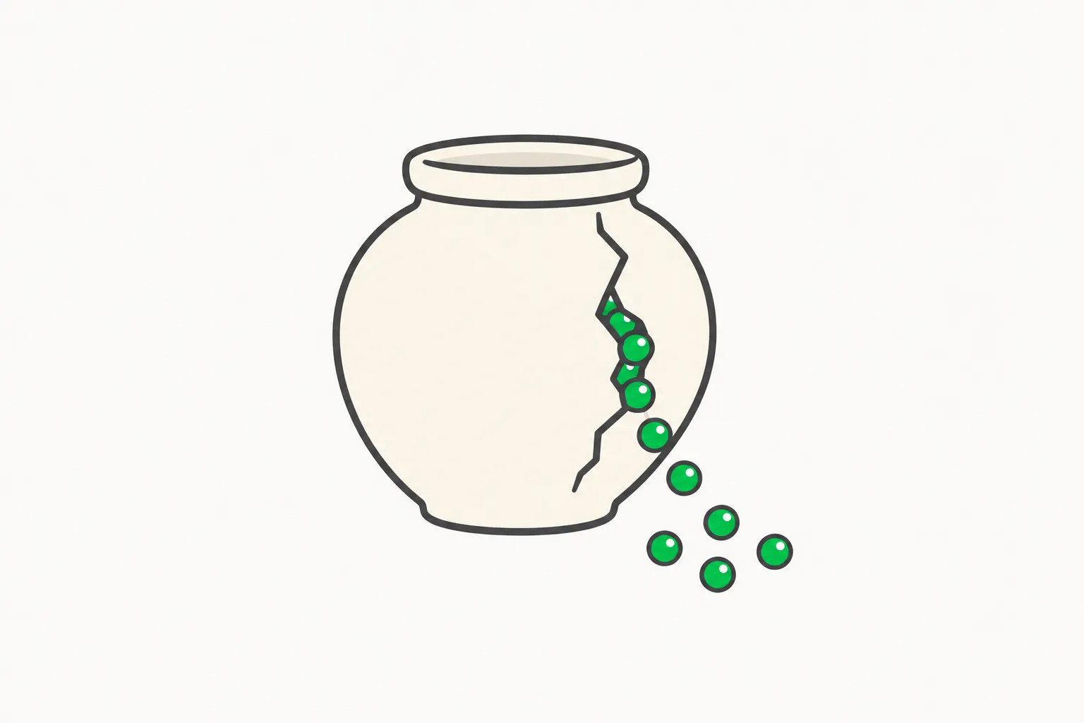 Small green beads escaping through a crack in a cream vessel, illustrating a data breach and delayed disclosure