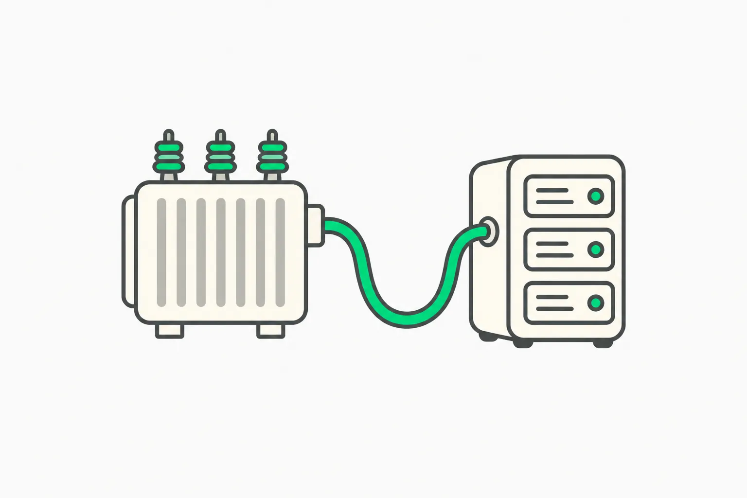 Illustration of a transformer connected by a green cable to a server cabinet, representing grid power for AI data centers