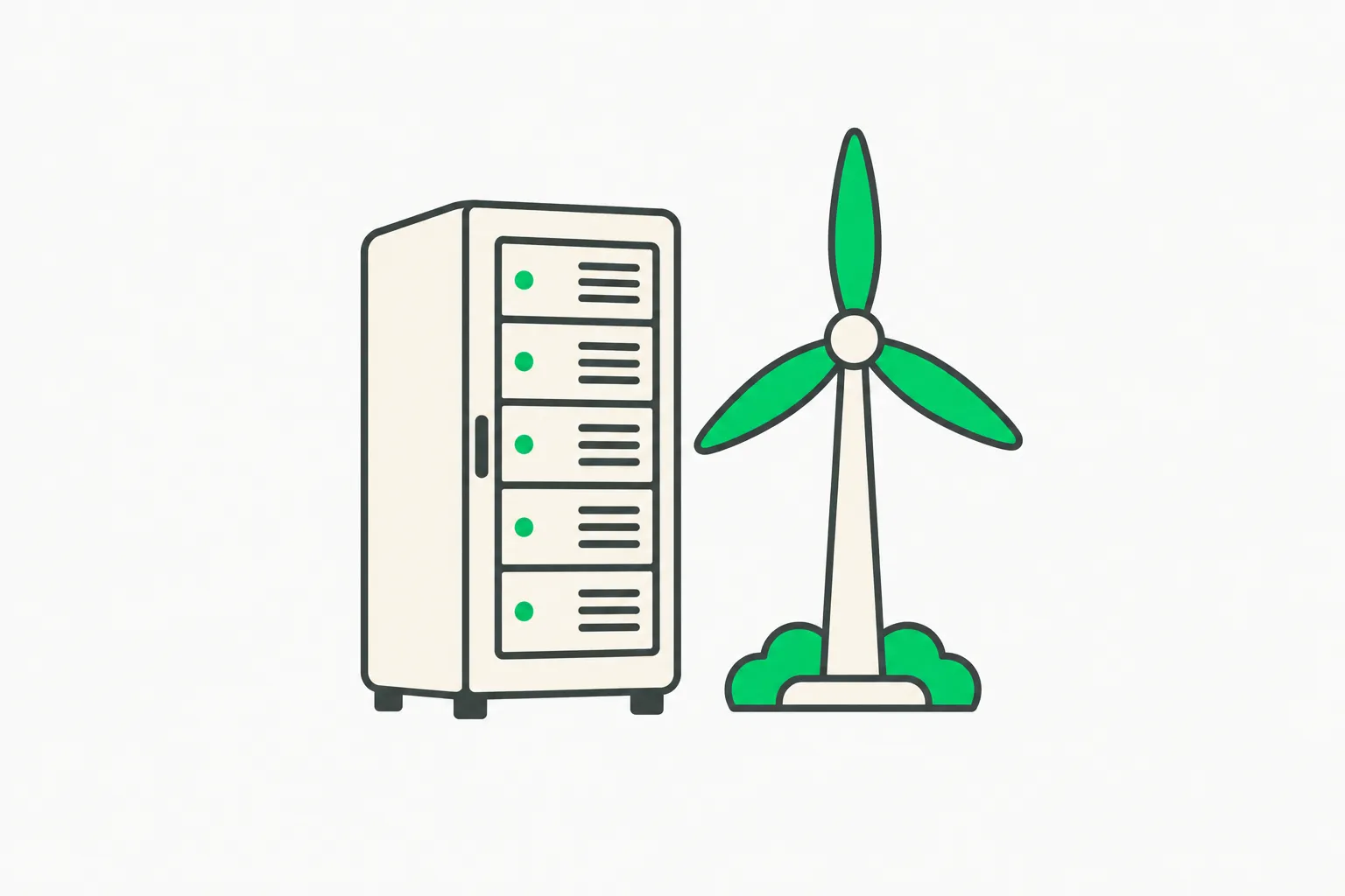 A cream server cabinet beside a small wind turbine, representing the data center capacity that sets GPU rental prices